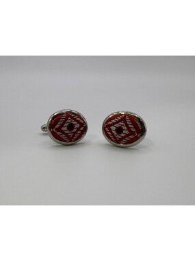 Silver Tone Fabric Cufflinks Orange White Black Geometric Mens Retro